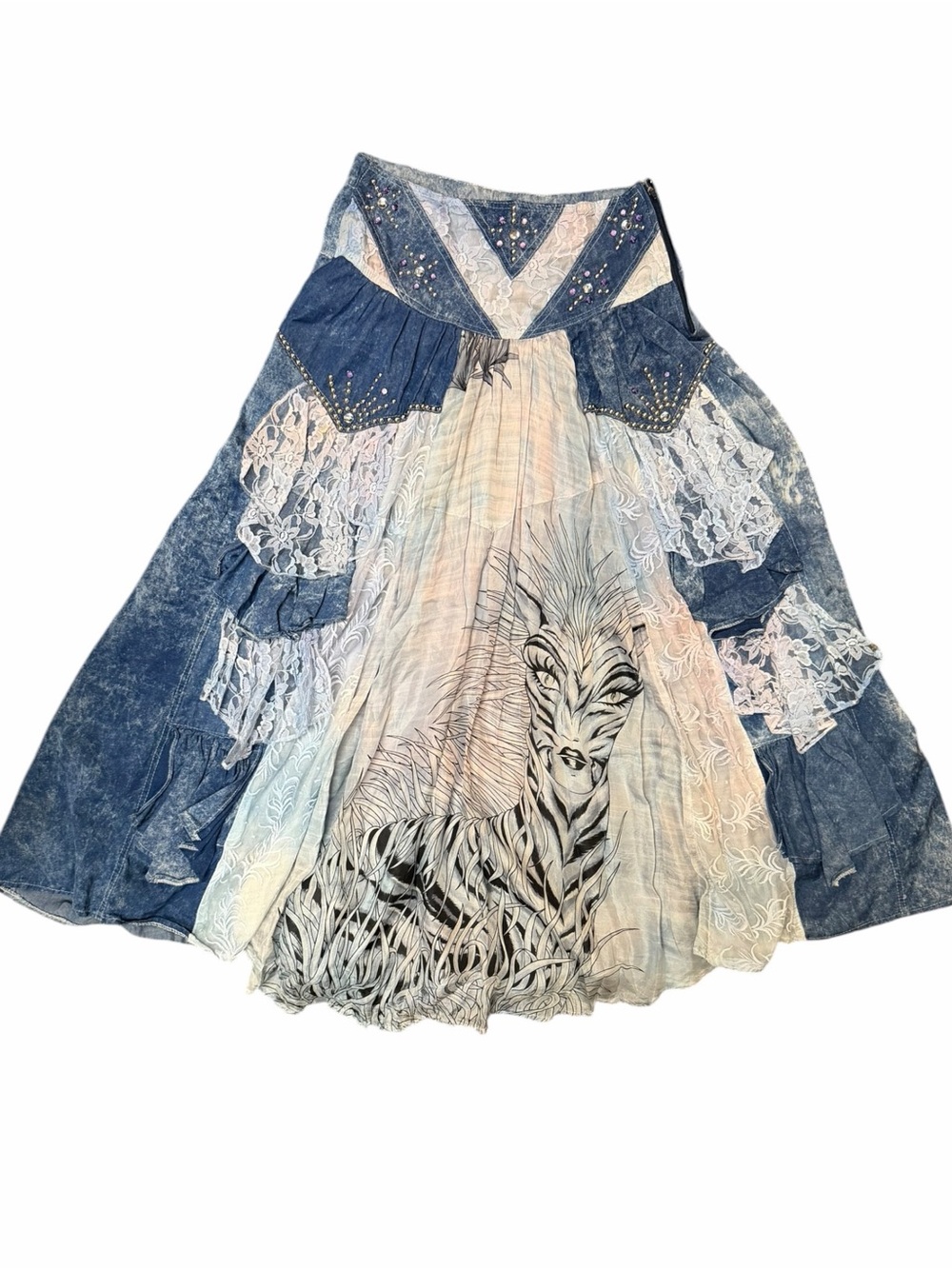 Handmade Wearable Art Zebra Woman Denim Lace Patchwork Maxi Skirt Boho M Gypsy - Picture 5 of 14